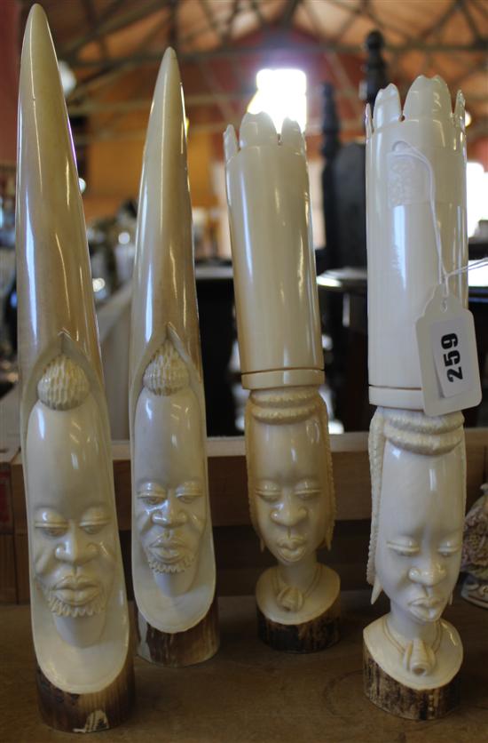 Set 4 West African mask carved ivory tusks